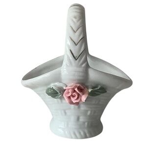Vintage 1950 Porcelain White Basket with raised Roses and Gold Accents